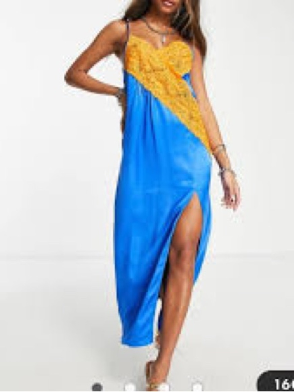 Topshop KNICKS Blue & Orange Satin Slip Dress with Lace Trim